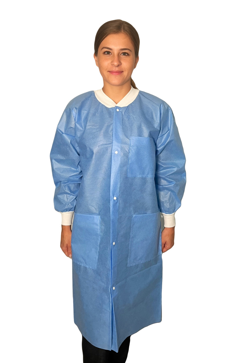 Disposable Lab Coat | Knee-Length, Knit Cuffs  |  Traditional / Knit Collar (30/box)