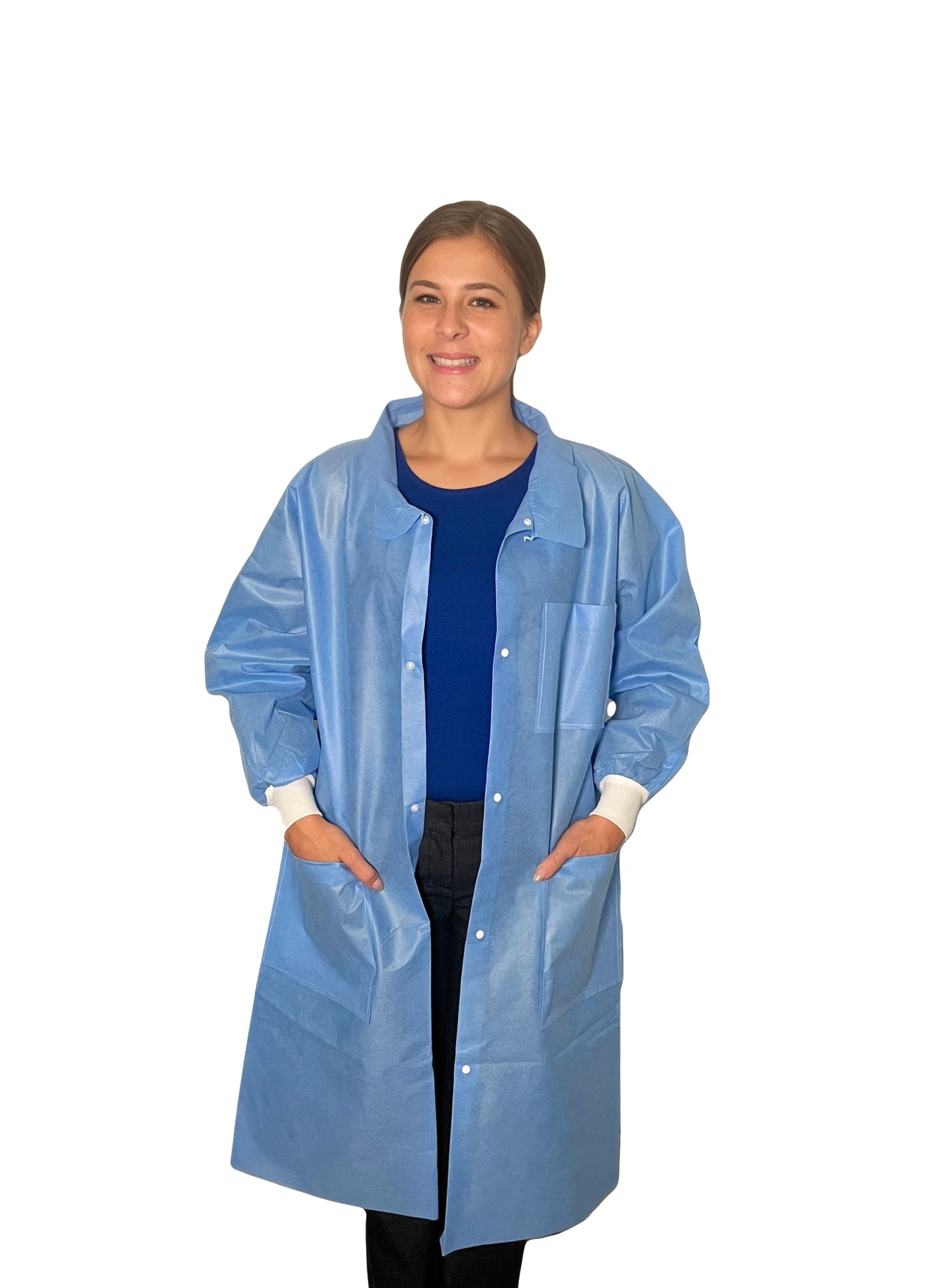 Disposable Lab Coat Knee-Length, Knit Cuffs Traditional Knit Collar (30/box)