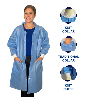 Disposable Lab Coat | Knee-Length, Knit Cuffs  |  Traditional / Knit Collar (30/box)