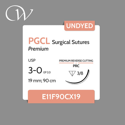 Premium PGCL Sutures 3-0, 3/8 PRC | Undyed | 19mm; 90cm (36") | 12 Per Box