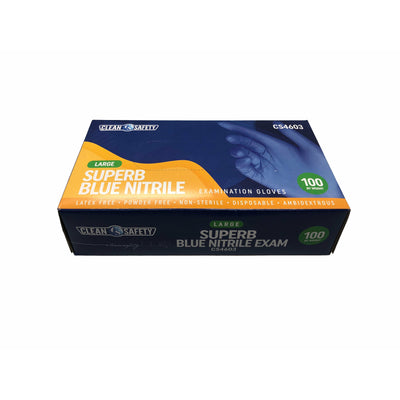Clean Safety Superb Blue Nitrile Examination Gloves, (100 per Box, 10 Boxes per Case)