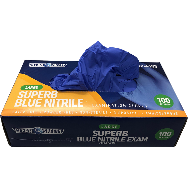 Clean Safety Superb Blue Nitrile Examination Gloves, (100 per Box, 10 Boxes per Case)